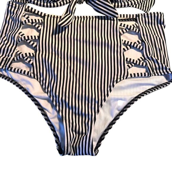 Shade & Shore black and white stripe high waisted bikini set 34D S ** - Picture 2 of 8